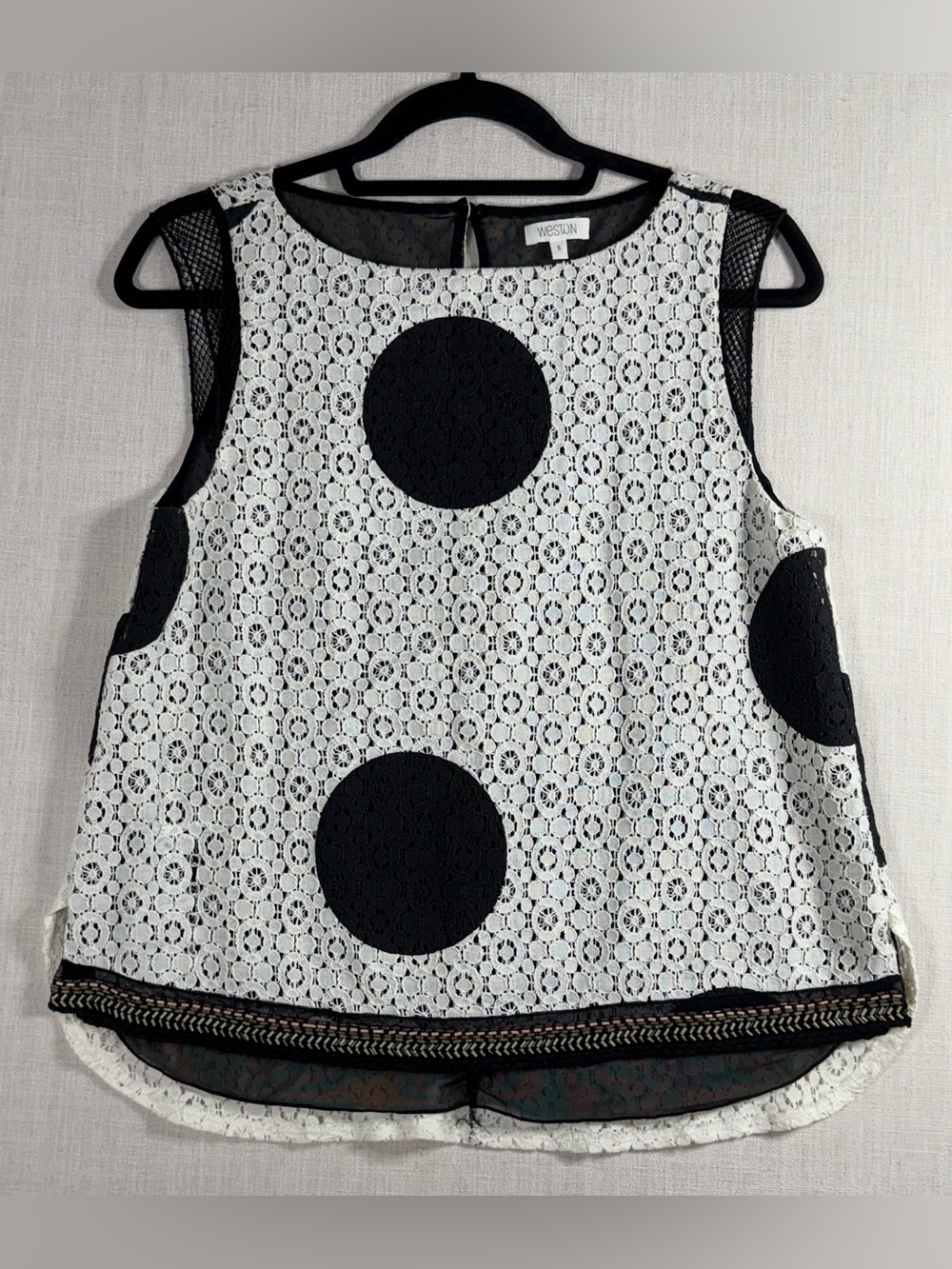 Black and White Lace Polka Dot Sleeveless Blouse